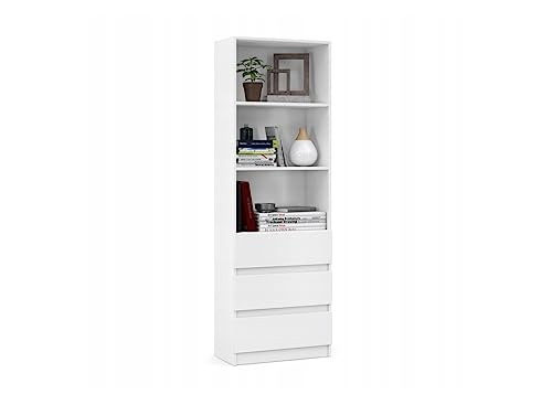 VBChome Standregal 60 x 180 x 35 cm Weiß Büroregal mit 3 Fächern 3 Schubladen Bücherregal Bücherschrank Holzwerkstoff Mehrzweckschrank für Flur Schlafzimmer Wohnzimmer Weiß von VBChome