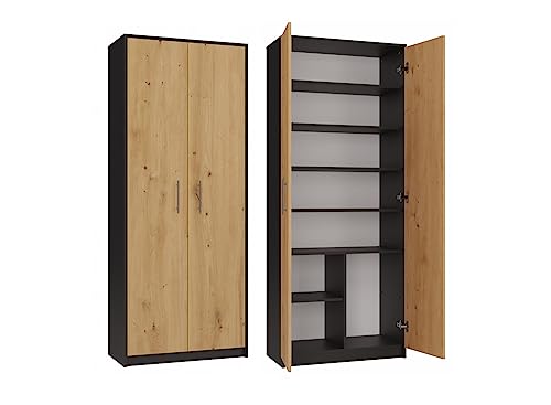 VBChome Standregal 74 x 180 x 35 cm Eiche Artisan - Antrazit Büroregal mit 8 Fächern 2 Türen Bücherregal Bücherschrank Holzwerkstoff Mehrzweckschrank für Flur Schlafzimmer Wohnzimmer Kinderzimmer von VBChome