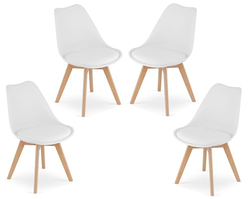 VBChome Stuhl 4er Set Weiß Esszimmerstühle mit Kunstlederkissen Küchenstuhl Wohnzimmerstuhl Stuhl mit Rückenlehne Gestell aus Buchenholz Stuhl aus Polypropylen Weiß von VBChome
