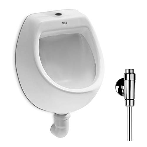 VBChome Urinal Roca Zulauf Oben Weiß Modern Hochwertig Keramik Pinkelbecken senkrecht Pissoir Mini + Spülventil Urinalspüler Druckspüler Schellomat von VBChome