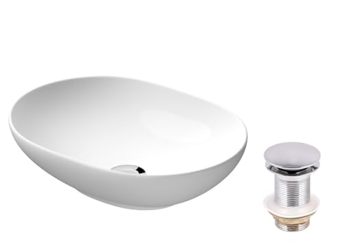 VBChome Waschbecken 50 x 38 cm Keramik Weiß Oval Waschtisch Handwaschbecken Aufsatzwaschbecken Komfortabel Modern Elegant Waschbecken mit Click-Clack Chrom von VBChome