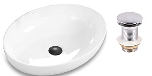 VBChome Waschbecken 51 x 39 Pop-up ventil Click-Clack Keramik Oval Waschtisch Handwaschbecken AUFSATZWASCHBECKEN WASCHSCHALE GÄSTE WC (CA + Pop-up ventil) von VBChome