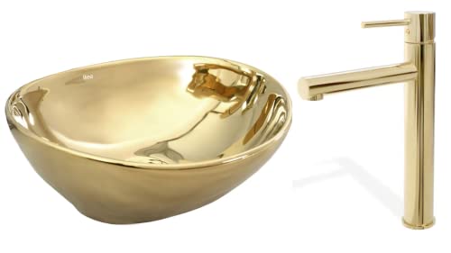 VBChome Waschbecken Gold + Armatur 41 x 35 x 15 cm Kleine Keramik Oval Waschtisch Handwaschbecken Aufsatzwaschbecken Waschschale Gäste WC VBChome Waschbecken Gold + Armatur 41 x 35 x 15 cm Kleine Keramik Oval Waschtisch Handwaschbecken Aufsatzwaschbecken Waschschale Gäste WC von VBChome