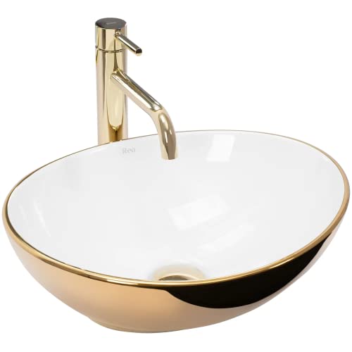 VBChome Waschbecken Golden Weiß 41 x 33 x 13 cm Mini Keramik Weiß Oval Waschtisch Handwaschbecken Aufsatzwaschbecken Waschschale Gäste WC von VBChome