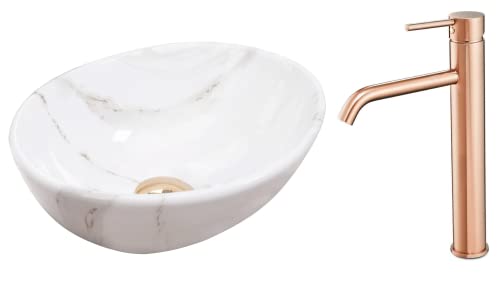 VBChome Waschbecken Mini Aiax Shiny + Armatur 35 x 26 x 13 cm Kleine Keramik Oval Waschtisch Handwaschbecken Aufsatzwaschbecken Waschschale Gäste WC von VBChome