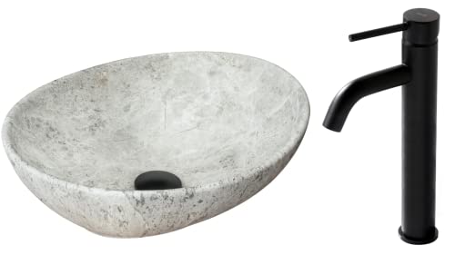 VBChome Waschbecken Stone + Armatur 41 x 35 x 15 cm Kleine Keramik Oval Waschtisch Handwaschbecken Aufsatzwaschbecken Waschschale Gäste WC von VBChome