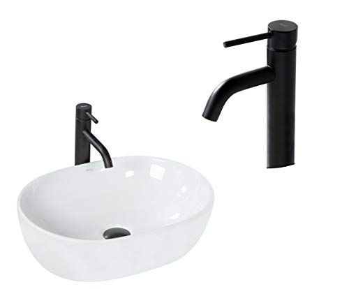 VBChome Waschbecken mit Armatur 48 x 35 Keramik Armatur Schwarz Oval Waschtisch Handwaschbecken AUFSATZWASCHBECKEN WASCHSCHALE GÄSTE WC von VBChome