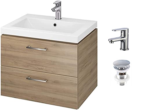 VBChome Waschbecken mit Unterschrank 50 cm mit Armatur und Pop Up Ventil Badmöbel Nussbaum Waschtischunterschrank 2 Schubladen Wasserhahn Click Clack von VBChome