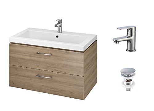 VBChome Waschbecken mit Unterschrank Nussbaum 80 cm mit Armatur und Pop Up ventil 2 Schubladen Weiß Badmöbel Hochglanz Click Clack hängend von VBChome