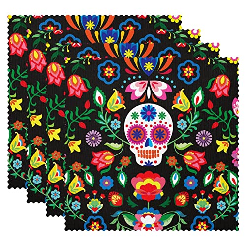 Tischsets Esstisch Tischsets Stoff Tischsets Küchentischsets Indoor Outdoor Tischset,Sugar Skull Cartoon farbige Blume Mexikaner von VBFOFBV
