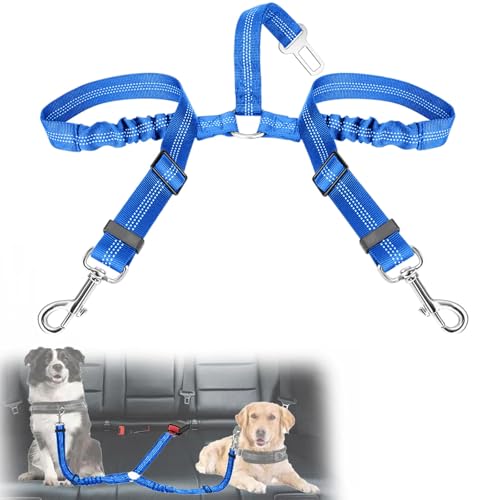 VBGURR Anschnallgurt Hund Auto, Elastischer Doppelköpfig Hundegurt Auto, Einstellbar Hunde Anschnallgurt Auto (Blau) von VBGURR