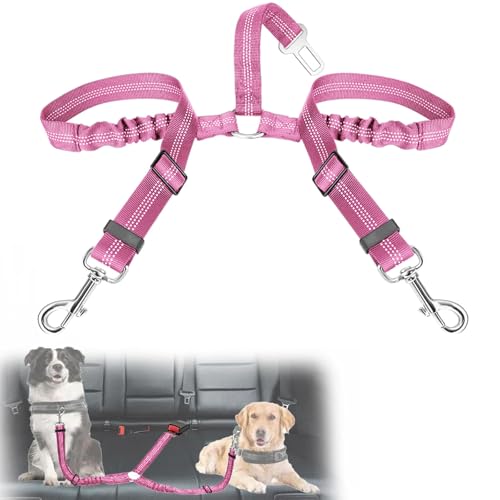 VBGURR Anschnallgurt Hund Auto, Elastischer Doppelköpfig Hundegurt Auto, Einstellbar Hunde Anschnallgurt Auto (Rosa) von VBGURR