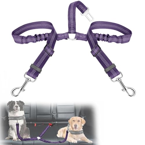 VBGURR Anschnallgurt Hund Auto, Elastischer Doppelköpfig Hundegurt Auto, Einstellbar Hunde Anschnallgurt Auto (Violett) von VBGURR