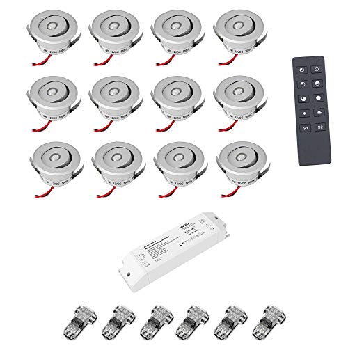 VBLED© 12er-Set 3W LED Mini Einbauspot -"OCULOS" Minispot 3000K mit 12VDC Funk Netzteil und Fernbedienung - Schwenkbar - Silber von VBLED