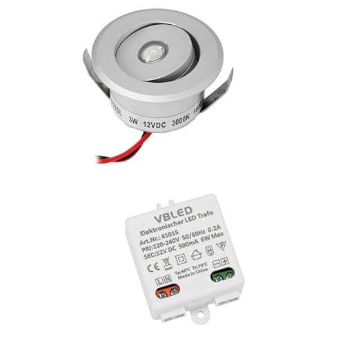 VBLED© 1er-Set 3W LED Mini Einbauspot -"OCULOS" Minispot 3000K mit Netzteil 12V DC Konstantspannung - Schwenkbar - Silber von VBLED