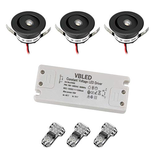 VBLED© 3er-Set 3W LED Mini Einbauspot -"OCULOS" Minispot 3000K mit 12VDC Netzteil - Schwenkbar - Schwarz von VBLED