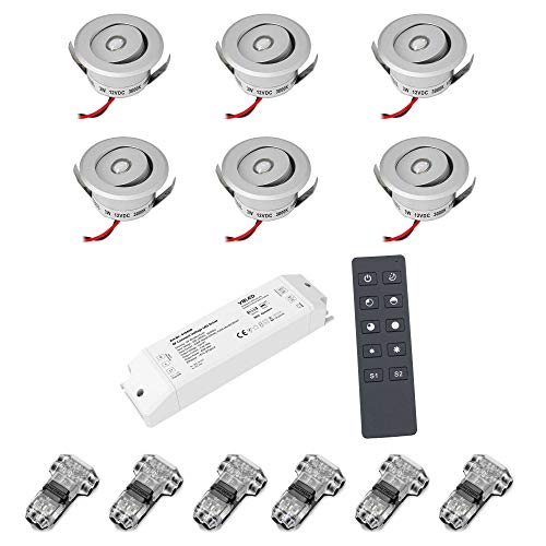 VBLED© 6er-Set 3W LED Mini Einbauspot -"OCULOS" Minispot 3000K mit 12VDC Funk Netzteil und Fernbedienung - Schwenkbar - Silber von VBLED