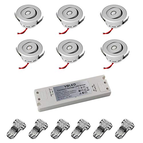 VBLED© 6er-Set 3W LED Mini Einbauspot -"OCULOS" Minispot 3000K mit Netzteil 12V DC Konstantspannung - Schwenkbar - Silber von VBLED