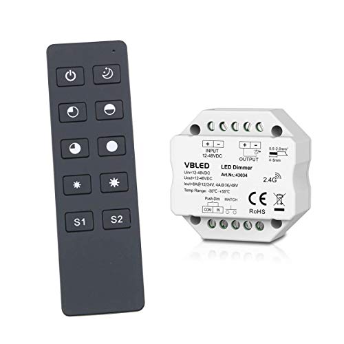 VBLED© "INATUS" SET - Funk Dimmer 12-48V DC incl 1-Kanal Fernbedienung IP20 8A 12V DC = bis 96W / 24V DC = bis 192W von VBLED