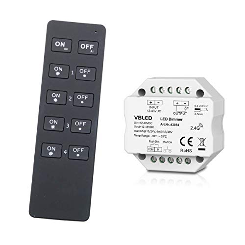 VBLED© "INATUS" SET - Funk Dimmer 12-48V DC incl 4-Kanal Fernbedienung IP20 8A 12V DC = bis 96W / 24V DC = bis 192W von VBLED