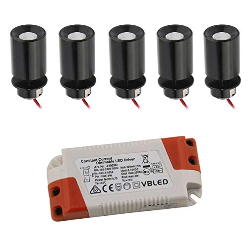 VBLED® 1W Mini Einbaustrahler "TINI" Rotier- & Schwenkbar 3V DC 3000K (5er-set Ww mit Standard Netzteil) von VBLED