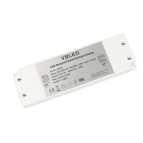VBLED® 30 Watt Trafo 12V DC Konstantspannung 2.5A - Extra Flach - Netzteil, EVG, Transformator IP44 wasserdicht von VBLED