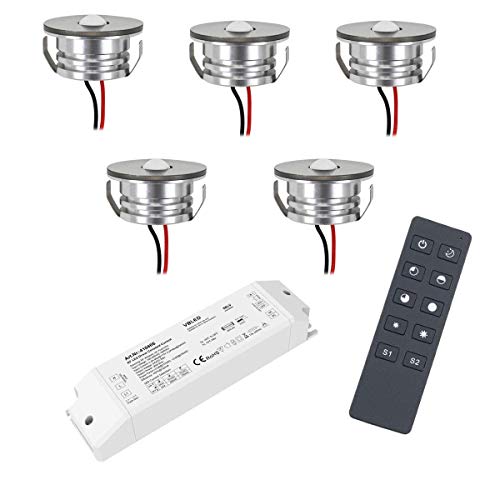 VBLED® 3W LED Mini Spot Einbaustrahler Einbauleuchten IP65 wassergeschützt - 700mA 190lm warmweiß (3000 K) (5-er Set mit Funk Netzteil) [Energieklasse A+] von VBLED