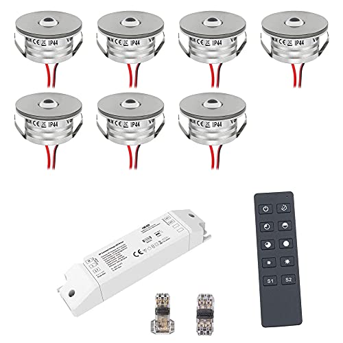 VBLED® 3W LED Mini Spot Einbaustrahler Einbauleuchten IP65 wassergeschützt - 700mA 190lm warmweiß (3000 K) (7-er Set mit Funk Netzteil) [Energieklasse A+] von VBLED