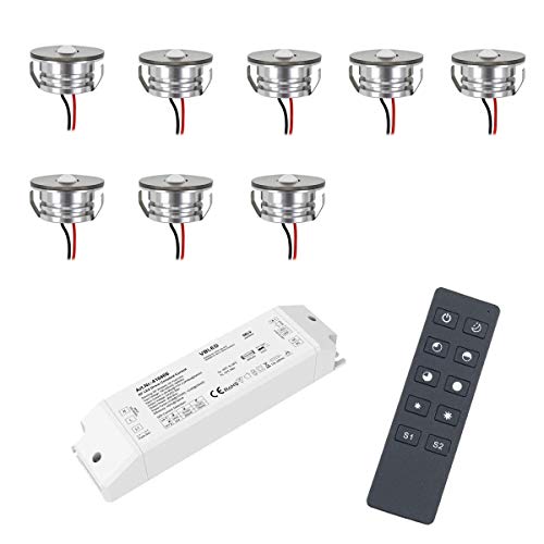 VBLED® 3W LED Mini Spot Einbaustrahler Einbauleuchten IP65 wassergeschützt - 700mA 190lm warmweiß (3000 K) (8-er Set mit Funk Netzteil) [Energieklasse A+] von VBLED