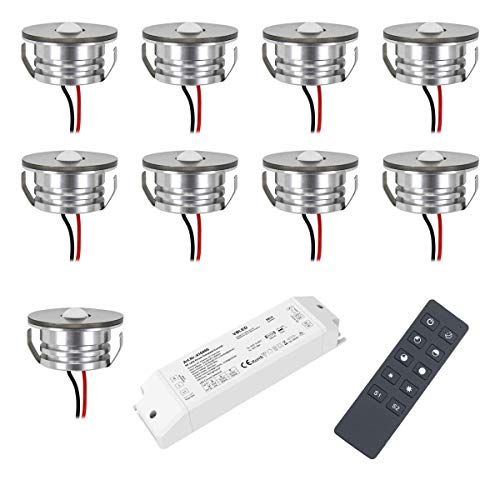 VBLED® 3W LED Mini Spot Einbaustrahler Einbauleuchten IP65 wassergeschützt - 700mA 190lm warmweiß (3000 K) (9-er Set mit Funk Netzteil) [Energieklasse A+] von VBLED