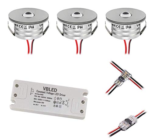 VBLED® 3er Set 3W Mini-Einbauspot Einbaustrahler warmweiß 3000K IP44 12V DC Warmweiss Inkl.LED Trafo und Verbinder Unbegrenzte Möglichkeiten: Terrasse, Bad, Wohnbereich [Energieklasse A+] von VBLED