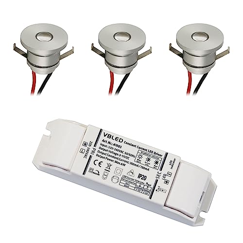 VBLED® 3er Set LED Aluminium Mini Einbaustrahler 3x1W 350mA 80lm warmweiß (3000 K) mit Netzteil 3-Stufen-Dimmung 10%-50%-100% von VBLED