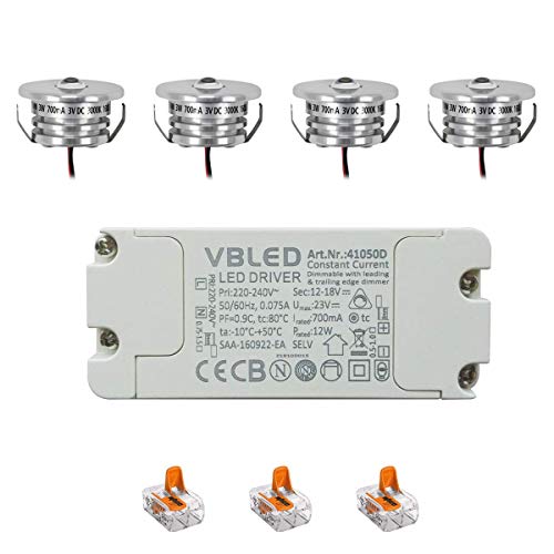 VBLED® 4er Set Mini Einbaustrahler Spot 3W 700mA 160lm warmweiß mit dimmbarem Netzteil von VBLED