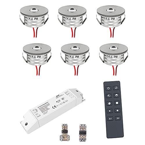 VBLED® 6er Funk Set 3W Mini-Einbauspot Einbaustrahler warmweiß 3000K IP44 12V DC Warmweiss Inkl.LED Trafo und Verbinder Unbegrenzte Möglichkeiten: Terrasse, Bad, Wohnbereich [Energieklasse A+] von VBLED