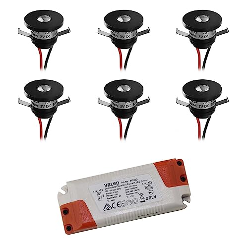 VBLED® 6er-Set 1W LED Mini Einbauspot Einbaustrahler Schwarz 350mA 3VDC 80lm 3000K mit dimmbaren Netzteil von VBLED