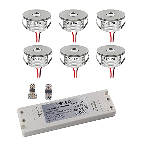 VBLED® 6er Set 3W Mini-Einbauspot Einbaustrahler warmweiß 3000K IP44 12V DC Warmweiss Inkl.LED Trafo und Verbinder Unbegrenzte Möglichkeiten: Terrasse, Bad, Wohnbereich [Energieklasse A+] von VBLED
