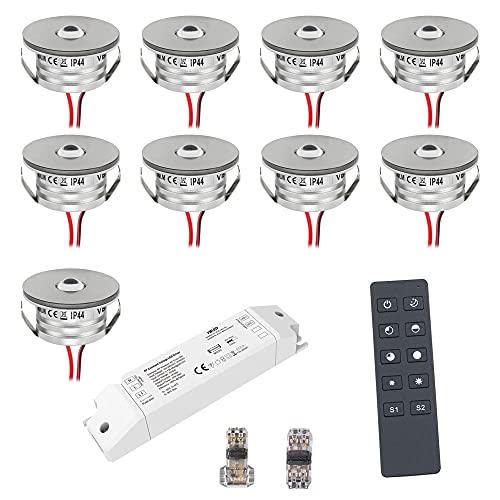 VBLED® 9er Funk Set 3W Mini-Einbauspot Einbaustrahler warmweiß 3000K IP44 12V DC Warmweiss Inkl.LED Trafo und Verbinder Unbegrenzte Möglichkeiten: Terrasse, Bad, Wohnbereich [Energieklasse A+] von VBLED