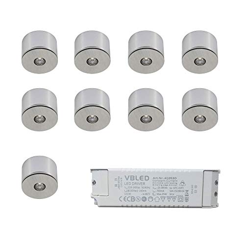 VBLED® 9er Set 3W LED Mini Spot/Decken-Aufbau-Spot Alu, IP65, warmweiß 3000K inklusive Transformator von VBLED