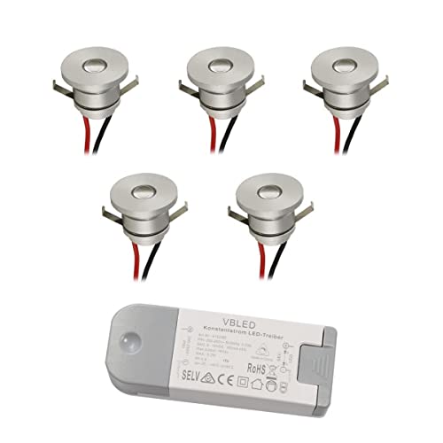 VBLED® LED Aluminium Mini Einbaustrahler IP44 wassergeschützt - 1W 350mA 80lm warmweiß (3000 K) (5er-Set) von VBLED