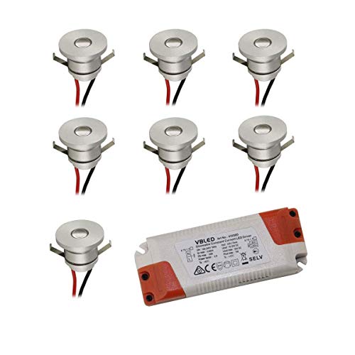 VBLED® LED Aluminium Mini Einbaustrahler IP44 wassergeschützt - 1W 350mA 80lm warmweiß (3000 K) (7-er Set mit dimmbaren Netzteil) von VBLED