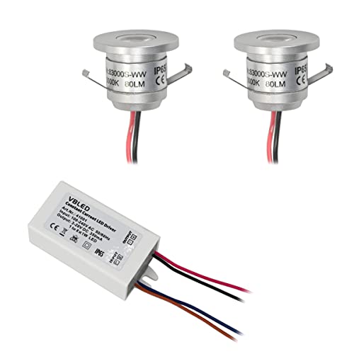 VBLED® LED Aluminium Mini Einbaustrahler IP65 wassergeschützt - 1W 350mA 80lm warmweiß (3000 K) (2er-Set IP65 WW) von VBLED