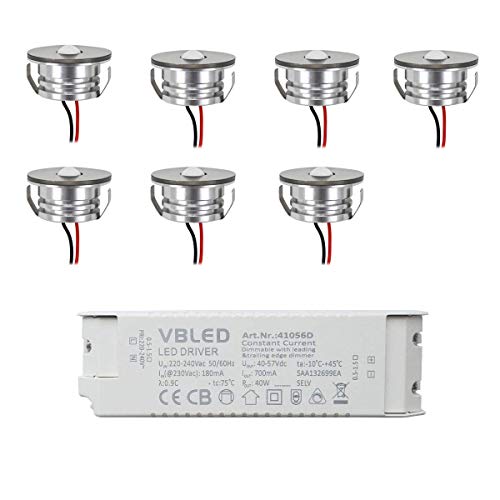 VBLED® LED Aluminium Mini Einbaustrahler Spot IP65 wassergeschützt - 3W 700mA 160lm warmweiß (3000 K) (Einbauleuchte 7er Set mit dimmbarem Netzteil) von VBLED