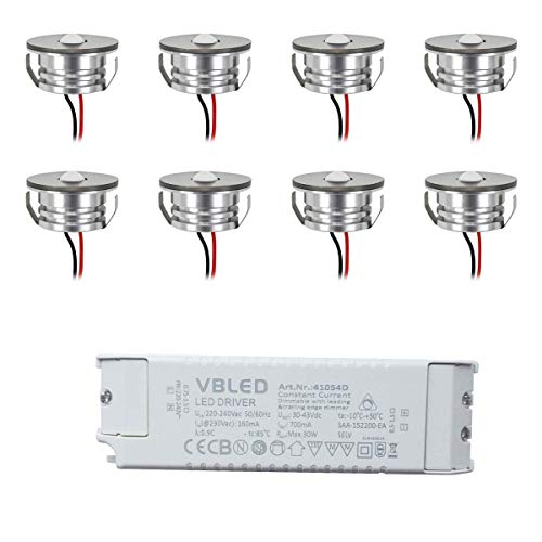 VBLED® LED Aluminium Mini Einbaustrahler Spot IP65 wassergeschützt - 3W 700mA 160lm warmweiß (3000 K) (Einbauleuchte 8er Set mit dimmbarem Netzteil) von VBLED