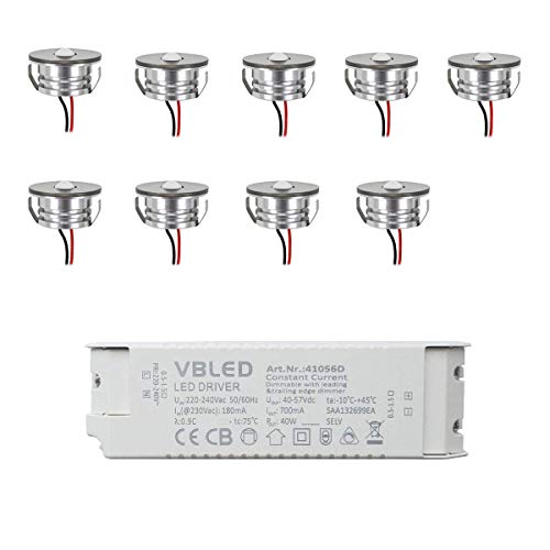 VBLED® LED Aluminium Mini Einbaustrahler Spot IP65 wassergeschützt - 3W 700mA 160lm warmweiß (3000 K) (Einbauleuchte 9er Set mit dimmbarem Netzteil) von VBLED