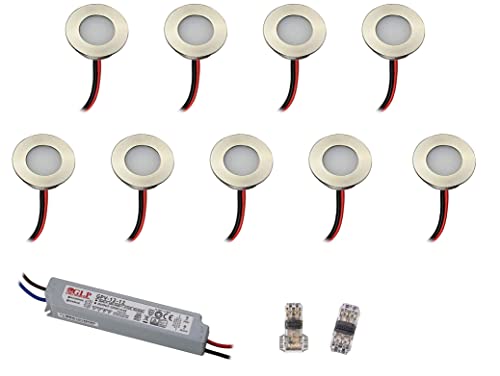 VBLED® LED Mini Bad-Einbauleuchte 9er KIT, rostfreier Edelstahl, IP67 wassergeschütz (starkregensicher), 0,3W, 15 lm, WW (3000K) (9er Set WW mit Trafo 12V, 12W IP67)… von VBLED