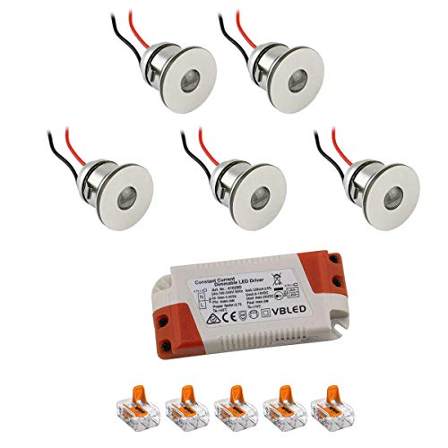 VBLED® Mini LED Einbauspot"LATERA" - 1W 350mA warmweiß (3000 Kelvin) 80 Lumen - IP44 - (5er-Set WW) [Energieklasse A+]… von VBLED
