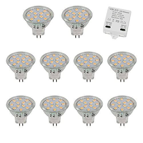 VBLED 10Stk. Pack LED Lampe Spiegellampen MR11-G4 (GU4) Sockel 2W, 12VDC, 3000K Warmweiß, 210LM mit 3 Stufen LED Dimmer von VBLED