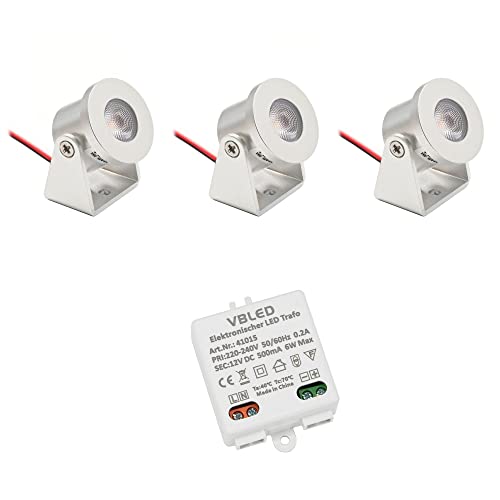 VBLED 3er Set 1W Mini Aufbau-Strahler Rotier- & Schwenkbar 80lm warmweiß mit 6W 12VDC Netzteil von VBLED