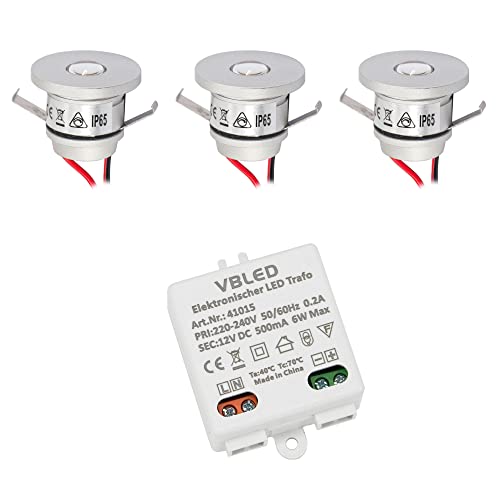 VBLED 3er Set 1W Mini-Einbauspot, deckenstrahler deckenleuchte Mini Spot IP65 Warmweiss Inkl. 6W LED Trafo 12V DC, IP20 (Erweiterbar bis zu 5 LEDs) von VBLED