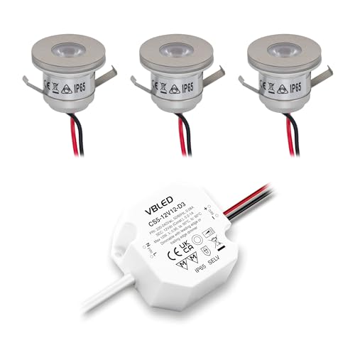 VBLED 3er Set 1W Mini-Einbauspot Inkl. 12W Dimmbare LED Trafo IP65 wasserdicht 12V DC von VBLED